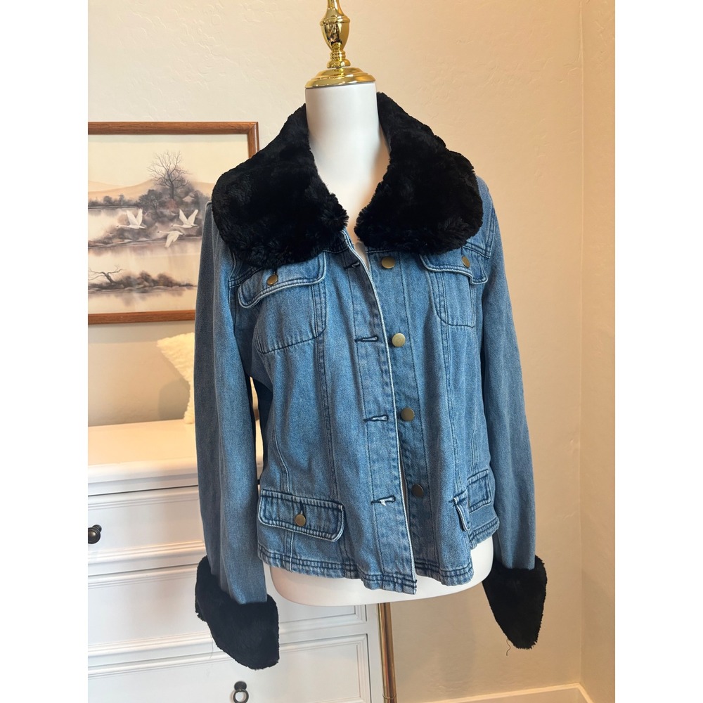 Faux Fur Denim Jacket Vintage Y2K Blue Jean Trucker Coat Chadwick's Size 16